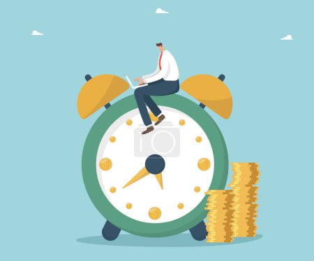 Illustration for Time is money, long-term return on investment, pension fund concept, interest income from investments or deposits, time to receive money, hourly wages, time management, man sitting on watch with coins - Royalty Free Image