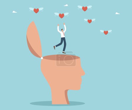 Illustration for Emotional intelligence, ability to understand feelings or emotions, mental health, maintain balance between reason and emotions, separate work and personal life, man jumps from head and catches hearts - Royalty Free Image