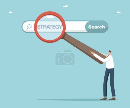 Illustration for Searching for business development strategies to achieve great success, searching for the necessary information for new opportunities, man points with magnifying glass at the search bar with strategy. - Royalty Free Image