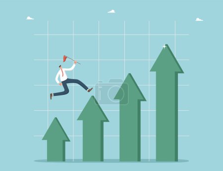 Illustration for Ladder of success, planning and analysis of business strategies to achieve goals, motivation for high results, career growth or development prospects, man runs along columns of graph in form of arrows - Royalty Free Image
