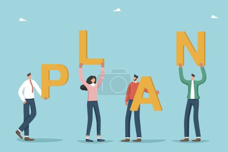 Illustration for Teamwork to create company development plan, collaboration and partnership to successfully build strategies, brainstorming to plan business goals, team motivation, people with plan letters. - Royalty Free Image