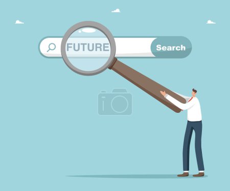 Illustration for Finding ways to achieve goals, strategic planning, searching for necessary information to understand the future direction of development, man points with magnifying glass at search bar with future. - Royalty Free Image