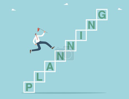 Illustration for Planning to achieve goals, winning strategy to defeat competitor, methods and ways to move up career ladder, achieving heights through hard work, growth and progress, man running up the planning steps - Royalty Free Image