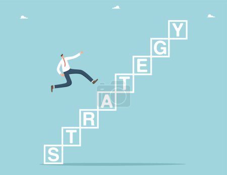 Illustration for Achieving business goals, motivation and determination for great success, building and following a strategy to achieve operational excellence and career growth, man runs through the steps of strategy. - Royalty Free Image