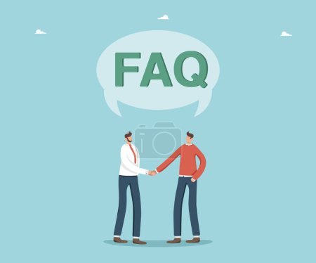 Illustration for Brainstorming and teamwork for solving problems, questions and answers, FAQ, frequently asked questions, thought process or logic for complex situations, men shaking hands under speech bubble with FAQ - Royalty Free Image