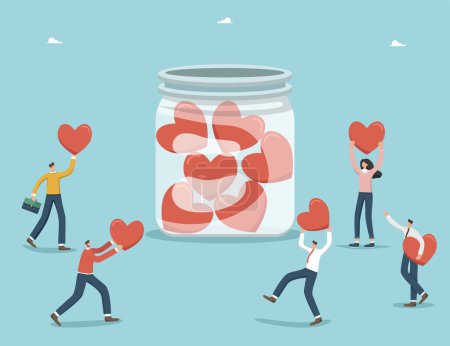 Illustration for Support concept, help charity campaign for public awareness, mental health, keep balance between work and personal life, inspiration, motivation, find dream job, people holds hearts near jar of hearts - Royalty Free Image