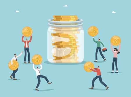 Illustration for Concept of income and salary growth, increasing the value of business and investment portfolio, money management, financial growth, improvement of economy, people carry coins to a jar of coins. - Royalty Free Image