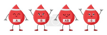 Illustration for Happy bloods flat cartoon characters, red drops with banners. Blood donation concept. Types of blood. Cute happy healthy smiling blood drop characters isolated on a white background. Save life. - Royalty Free Image