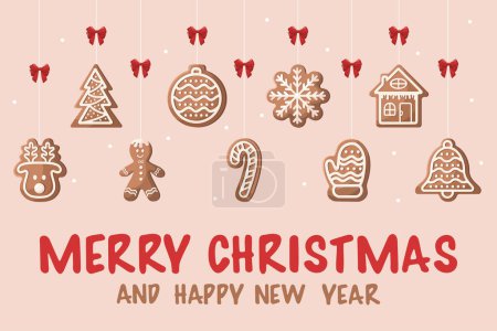 Illustration for Christmas card with gingerbread cookies and text inscription. Cute vector illustration templates in simple style. Holiday concept. Merry Christmas, Happy New Year. Banner with winter homemade sweets. - Royalty Free Image
