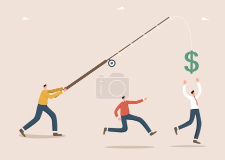 Illustration for Teamwork for income and salary growth, cooperation for financial and economic stability, race for money, motivation and productivity, employee bonuses, man lures employees with fishing rod with dollar - Royalty Free Image