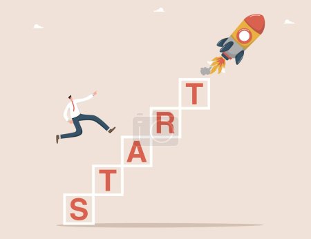Illustration for Launching startup or new business project, introducing innovations to generate additional profit, implementing creative ideas to achieve success, starting career path, man runs up the steps with start - Royalty Free Image