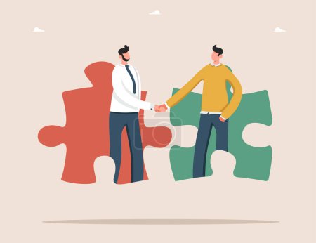 Illustration for Collaboration or partnership to achieve common goals and excellence, brainstorming to create business ideas or strategy, teamwork to achieve best result and great success, men shaking hands in puzzles - Royalty Free Image