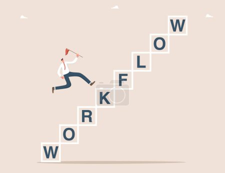 Illustration for Tracking achievements during the workflow and completing tasks, strategy for successfully achieving goals and overcoming difficulties, path to success, a man runs along the steps of a workflow. - Royalty Free Image