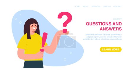 Illustration for Vector illustration for poster, website, web page, banner with woman holding question and exclamation marks. Analysis of consumer market. Questions and answers, FAQ, frequently asked questions. - Royalty Free Image