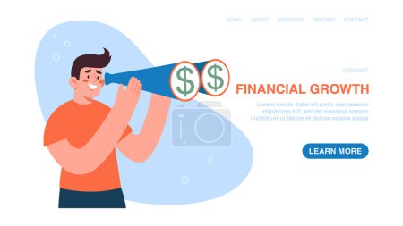 Illustration for Vector illustration for website, web page, banner with man with binoculars. Investing funds in investments and stocks, increasing savings, financial growth, wealth management, income and salary growth - Royalty Free Image