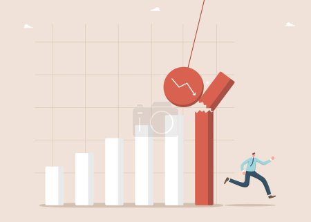 Illustration for Loss of money, profit from investments and deposits, decrease in business value, financial or economic collapse, defeat or failure in foreign exchange market, a man runs from a falling graph. - Royalty Free Image