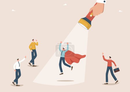 Illustration for FAchieve best result, hard work and creativity to find right strategy and business prosperity, leadership and productivity to achieve goals and win, career growth, the flashlight shines on the leader. - Royalty Free Image