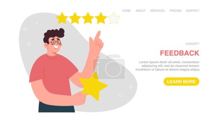Illustration for Customer feedback about product or service quality, five star rating, positive service feedback, experience, evaluation rank, user satisfaction. Web banner, infographic, web page with man gives rating - Royalty Free Image