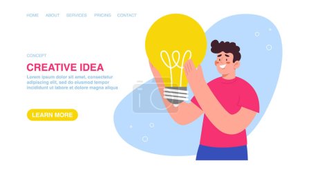 Illustration for Intelligence or logical thinking to implement innovations, brainstorming or creativity to great success, new brilliant idea to achieve goal. Web banner, infographic, web page with man hold light bulb. - Royalty Free Image