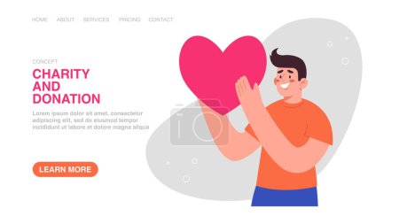 Illustration for Donation and charity concept. Helping those in need and financing social organizations. Mental health. Web banner, infographic, web page with man hold heart. - Royalty Free Image