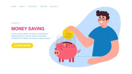 Illustration for Investing in investments and stocks, increasing savings and deposit boxes, success in asset management, financial growth. Web banner, infographic, web page with man throws coin into piggy bank. - Royalty Free Image