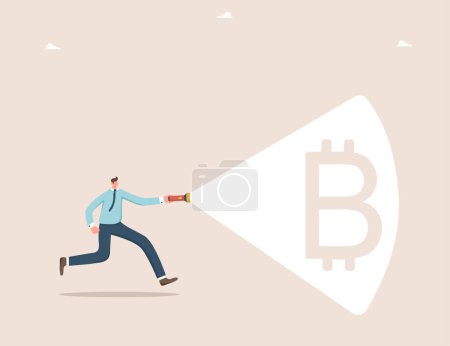 Illustration for Achieving financial goals in cryptocurrency market, investor in search of stock market to invest cash in digital currency, risky game in foreign exchange market, man with flashlight runs for bitcoin. - Royalty Free Image