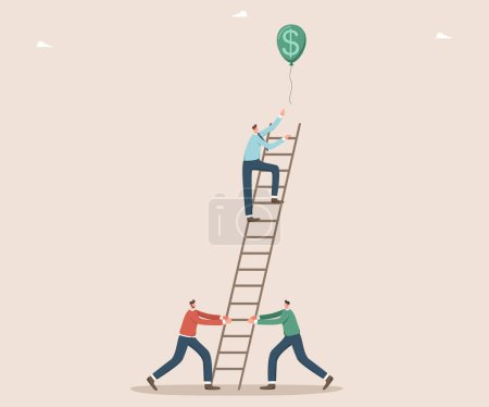 Illustration for Teamwork for income and salary growth, cooperation for financial and economic stability, increasing investments or savings, increasing currency value, man on the ladder trying to catch dollar balloon. - Royalty Free Image