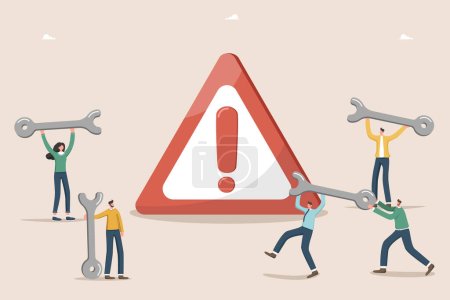 Illustration for Methods  for solving difficult situation or problem, technical support, readiness for any unforeseen circumstances, setting up and optimizing workplace, people carry wrenches to danger road sign. - Royalty Free Image