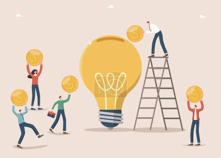 Illustration for Investing cash and assets in innovations and startups, increasing value of business and investment portfolio, managing money, improving economy, people carry coins into a light bulb like a piggy bank. - Royalty Free Image