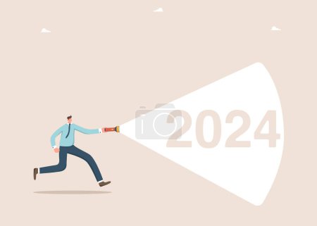 Téléchargez les illustrations : Planification stratégique des actions dans la nouvelle 2024, fixant des objectifs commerciaux pour atteindre des sommets, vision pour le développement futur des affaires ou de carrière en 2024, l'homme fonctionne avec une lampe de poche vers 2024. - en licence libre de droit