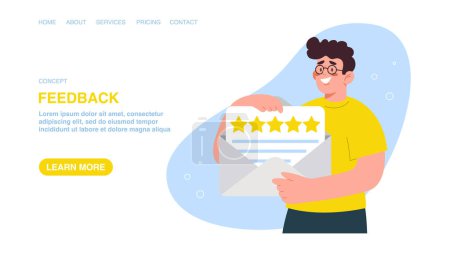 Illustration for Customer feedback about product or service, five star rating, positive service feedback, user experience, evaluation rank concept, user satisfaction. Web banner, infographic with man holds envelope. - Royalty Free Image
