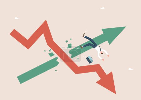 Illustration for Financial difficulties, decrease in value of business or company shares, stock market crash, economic crisis, business failure and loss of cash, lose investments, falling arrow destroys rising arrow. - Royalty Free Image