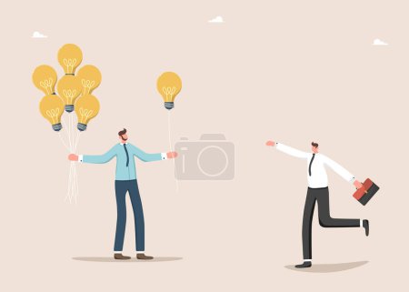 Illustration for Leadership in creating brilliant ideas to grow business or overcome challenges, intelligence or creativity to achieve goals, mentoring for innovation, the leader gives the employee a light bulb ballon - Royalty Free Image