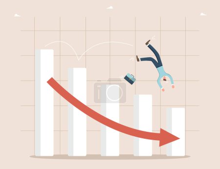 Illustration for Loss of money, profit from investments and deposits, decrease in business value, financial or economic collapse, defeat or failure in foreign exchange market, a man falling from a falling graph. - Royalty Free Image