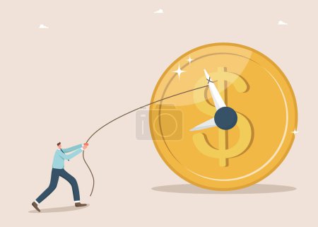 Illustration for Time is money, long-term return on investment, pension fund concept, interest income from investments or deposits, time to receive money, hourly wages, man pulling clock hands on a coin. - Royalty Free Image