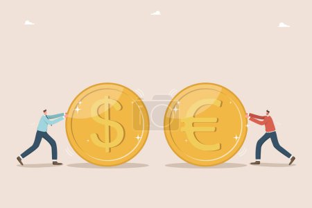 Illustration for Money transfer, currency exchange, international companies for making currency transfers, dollar to euro conversion, account transactions, increase in value of currency, men roll coins to exchange. - Royalty Free Image