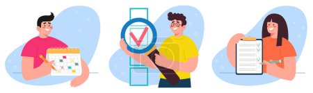 Illustration for Time management and business scheduling illustration set. People characters successful completion of tasks or assignments. Follow work schedule concept. Organizing and adherence to calendar schedule. - Royalty Free Image