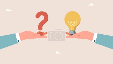 Illustration for Brainstorming to solve business problems, creativity and intelligence to create new ideas and opportunities, thought process and logic to achieve goals, question mark and light bulb in hands. - Royalty Free Image