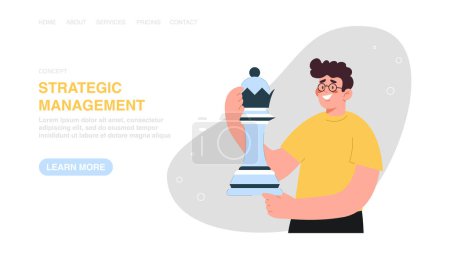 Illustration for Vector illustration for website, banner with man holds chess figure. Achieving business goals, logic and creativity for great success, strategic management in solving complex work problems. - Royalty Free Image