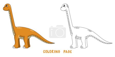 Ilustración de Página para colorear de dibujos animados lindo bebé feliz dinosaurio para elemento de diseño. Ilustración infantil brillante y colorida en estilo de dibujos animados. libro para colorear hildren con ejemplo de color. - Imagen libre de derechos