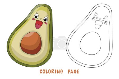 Illustration for Coloring page of funky cute avocado for design element. Bright colorful children's illustration in cartoon style. hildren's coloring book with color example. - Royalty Free Image