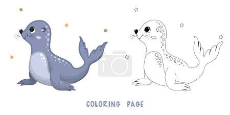 Coloring page of cartoon cute happy fur seal for design element. Vector illustration of funny sea animal on a white background. hildren's coloring book with color example.
