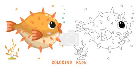 Ilustración de Página para colorear de dibujos animados lindo pez globo feliz para elemento de diseño. Ilustración vectorial de divertido animal marino sobre un fondo blanco. libro para colorear hildren con ejemplo de color. - Imagen libre de derechos