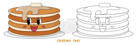Illustration for Coloring page of funky cute pancakes for design element. Bright colorful children's illustration in cartoon style. hildren's coloring book with color example. - Royalty Free Image