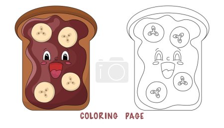 Téléchargez les illustrations : Coloriage de pain grillé français mignon avec tartinade de chocolat aux noix pour le petit déjeuner pour l'élément design. Illustration colorée lumineuse pour enfants en style dessin animé. livre de coloriage pour enfants avec exemple de couleur. - en licence libre de droit