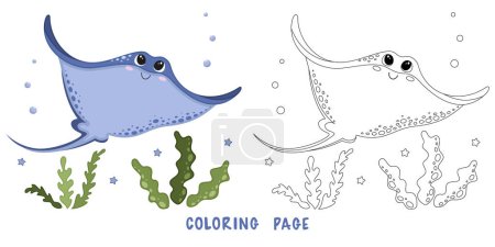 Coloring page of cartoon cute happy stingray for design element. Vector illustration of funny sea animal on a white background. hildren's coloring book with color example.