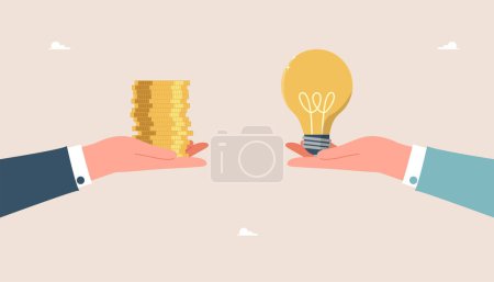 Illustration for Profitability and payback of innovations, buying intellectual property, investing in creative ideas and startups for income, launching new business projects, big hands holds coins and a light bulb. - Royalty Free Image