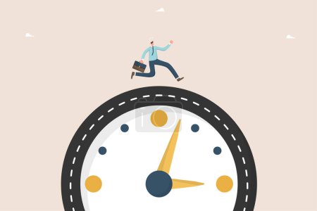 Illustration for Time management and business planning, employee productivity for a certain period of time, urgent work, calendar schedule, meeting project deadlines, multitasking, man running on a clock like a road. - Royalty Free Image