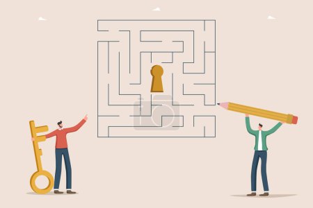 Illustration for Progress or path to goals during work process, secret key to unlocking new opportunities, different ways and methods of achieving great success and victories in business, men trying to solve labyrinth - Royalty Free Image
