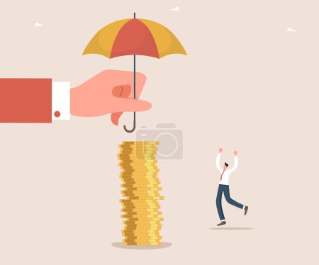 Illustration for Financial and economic improvement during a stock market crash, stabilizing of foreign currency, financial tools to increase income, fighting inflation, a huge hand holding an umbrella over coins. - Royalty Free Image